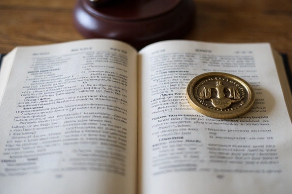 Libro de leyes abierto con un sello de justicia.