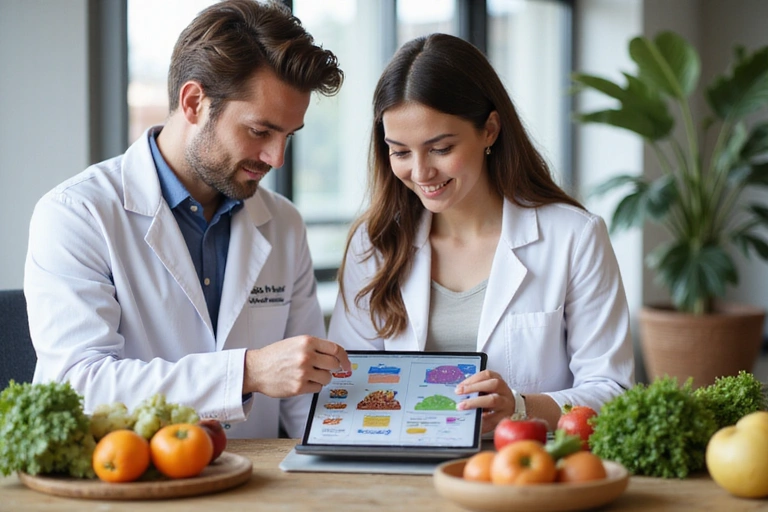 Profesional de la nutrición explicando un plan de alimentación a un cliente.