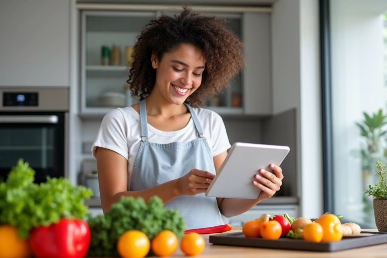 Una persona preparando una comida saludable con una variedad de vegetales y proteínas, siguiendo un plan nutricional.
